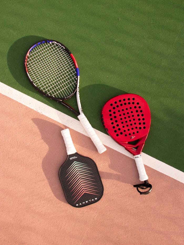 Tennis, padel, and pickleball rackets on a vibrant multi-colored court.