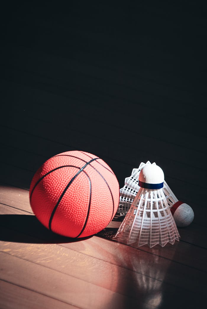 A basketball and shuttlecocks on a wooden floor, highlighting sports equipment contrast.